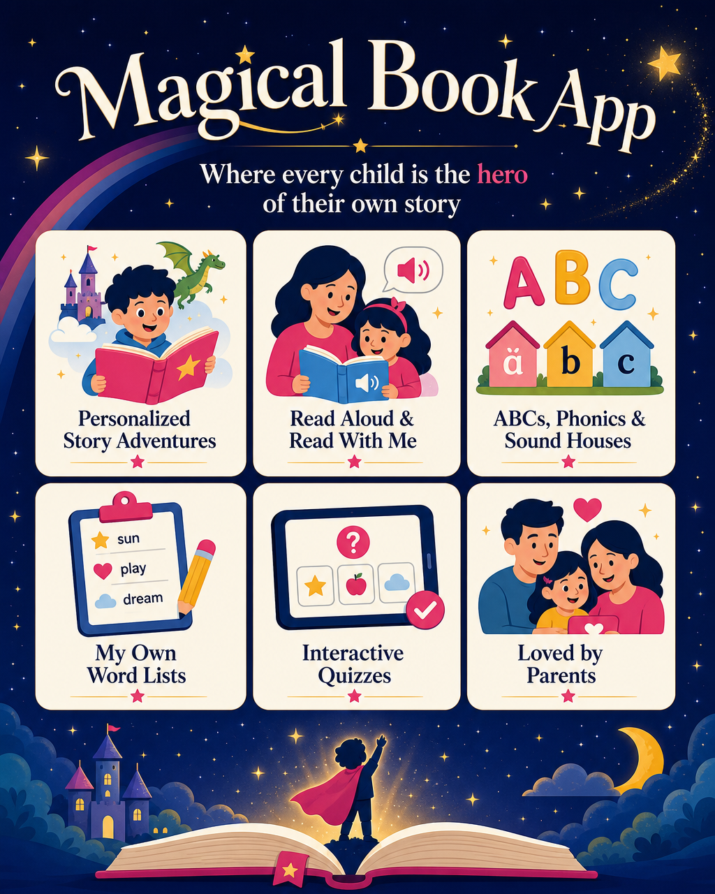 Magical Book App overview: personalized story adventures, read-aloud and read-with-me modes, ABCs and phonics, custom word lists, interactive quizzes, and why parents love it